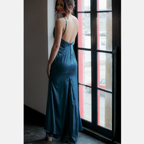 60442 Satin Gown in Merlot and Peacock color - Picture 10 of 10